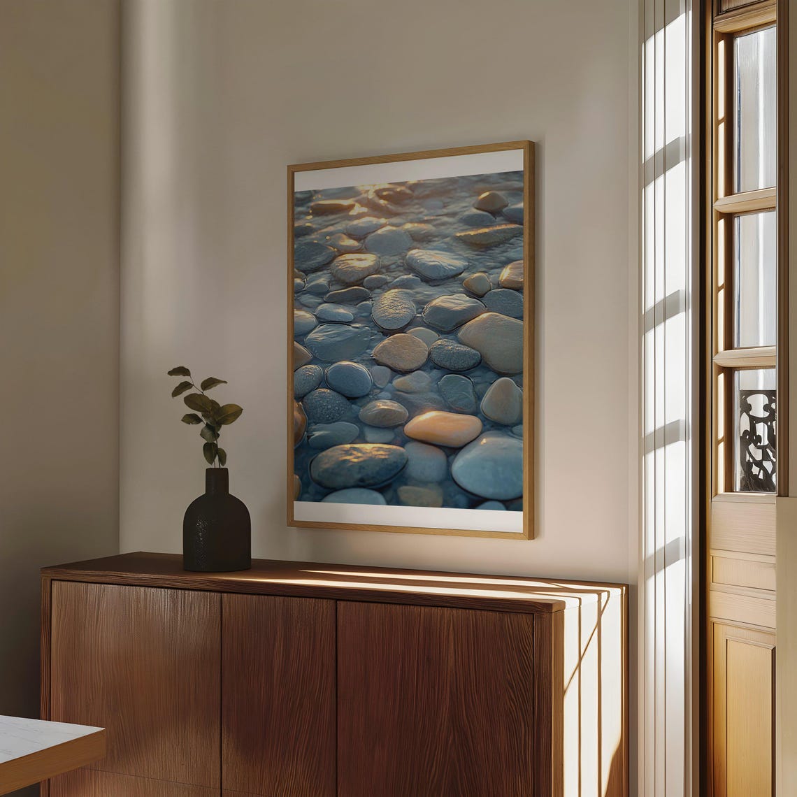 Golden Sunlight Glowing on Smooth Wet Pebbles Coastal Art Poster - Image 4