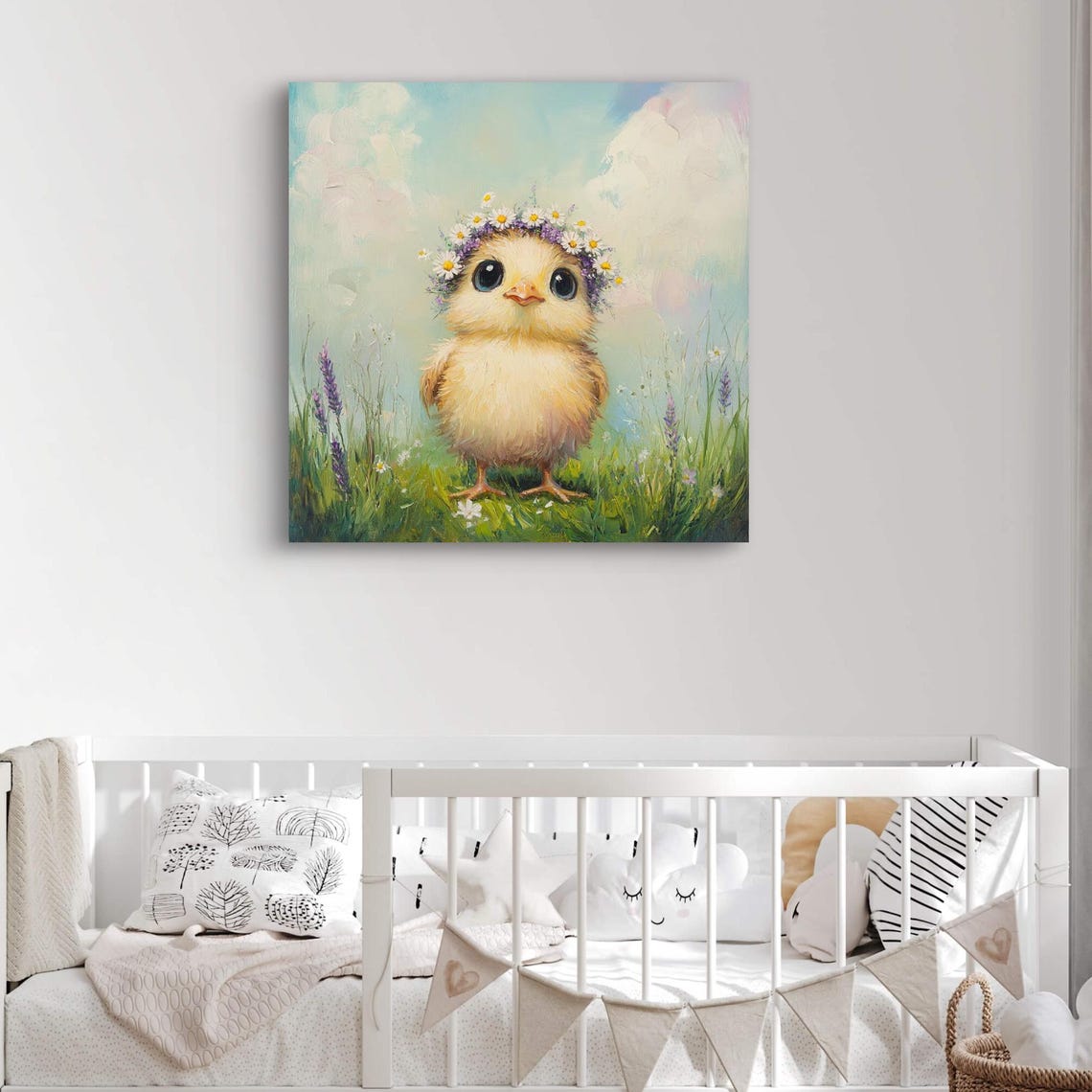 Cute Baby Chick Daisy Flower Crown Spring Meadow Oil Painting Poster