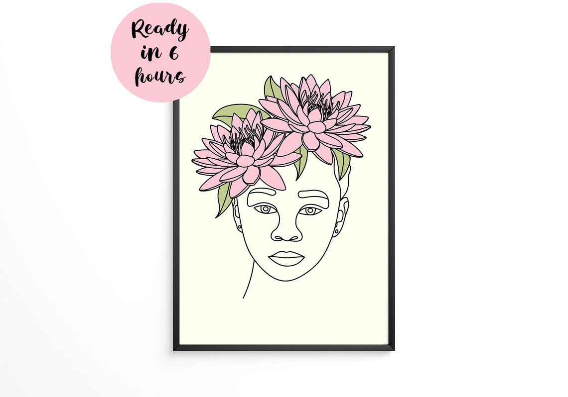Line Art Womans Face With Pink Watercolor Flower Crown Poster