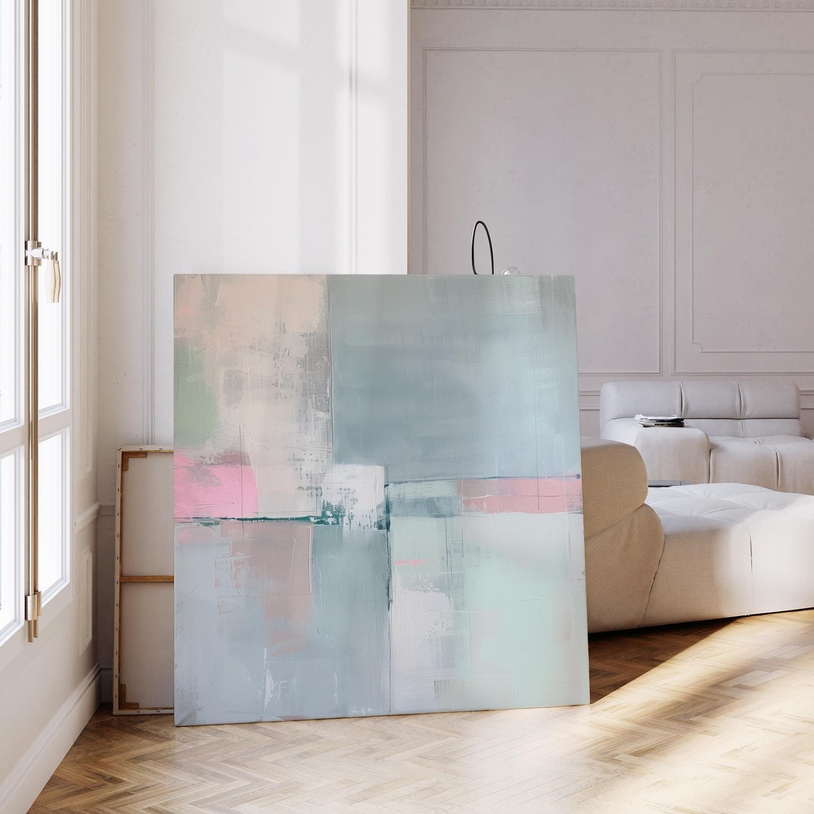 Muted Blue Grey Abstract Canvas With Blush Pink Accent Print