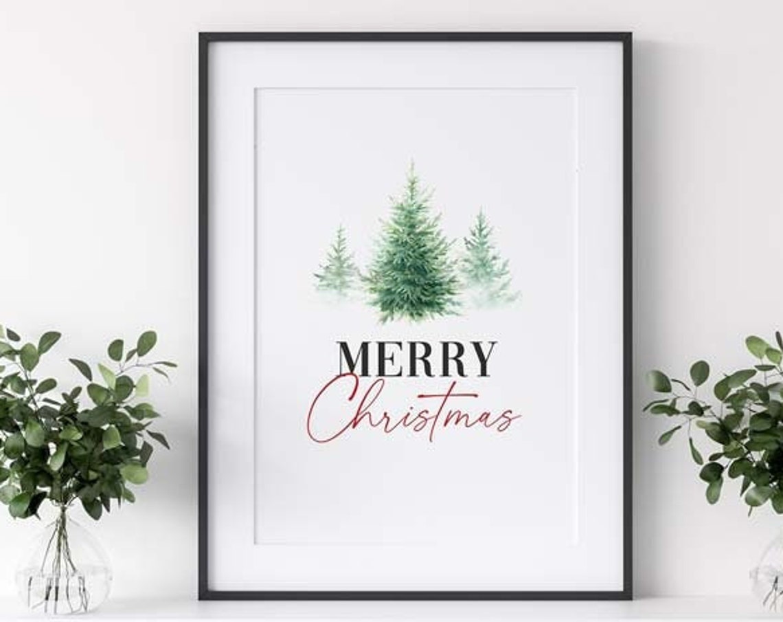 Merry Christmas Watercolor Pine Trees Red Script Holiday Poster