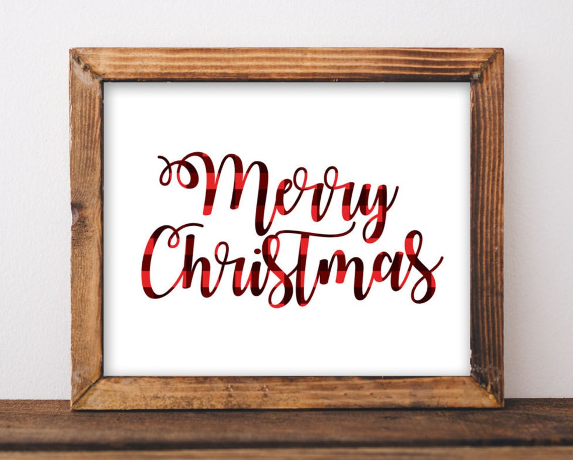 Merry Christmas Buffalo Plaid Script Rustic Holiday Wall Sign Poster