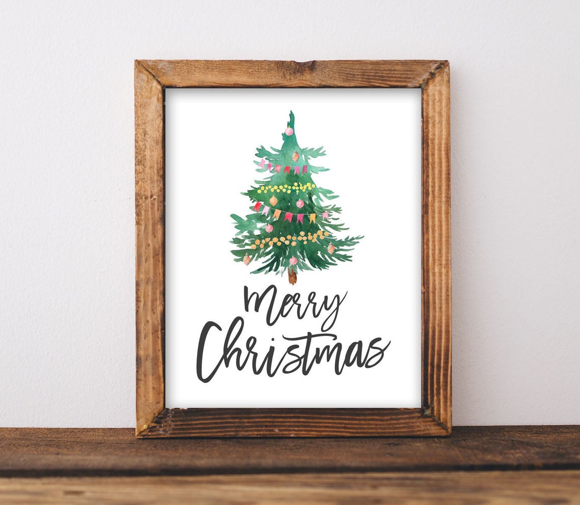 Festive Merry Christmas Watercolor Tree Rustic Holiday Decor Poster