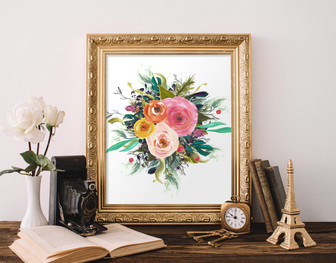 Floral Art Bouquet, Boho Nursery Decor Poster Print