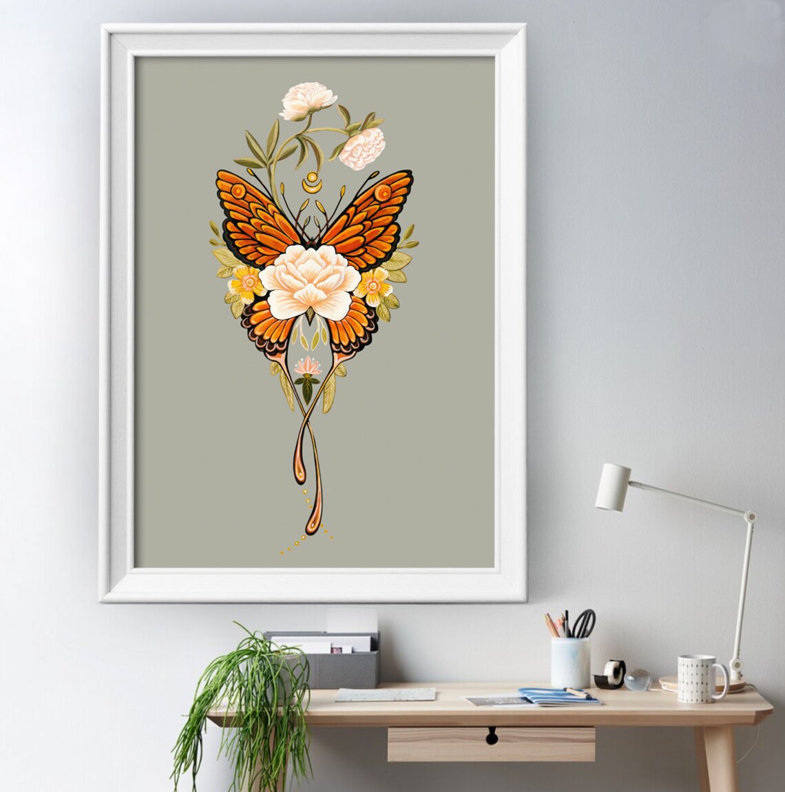 Orange Butterfly Fused With Blush Peony Mirrored Floral Art Poster - Image 3