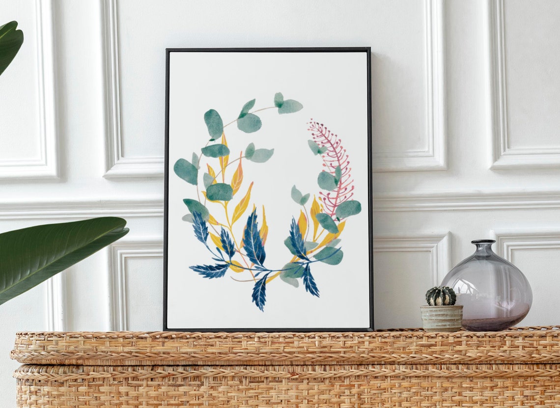 Watercolor Botanical Wreath Eucalyptus Blue Gold Green Leaf Art Print - Image 2