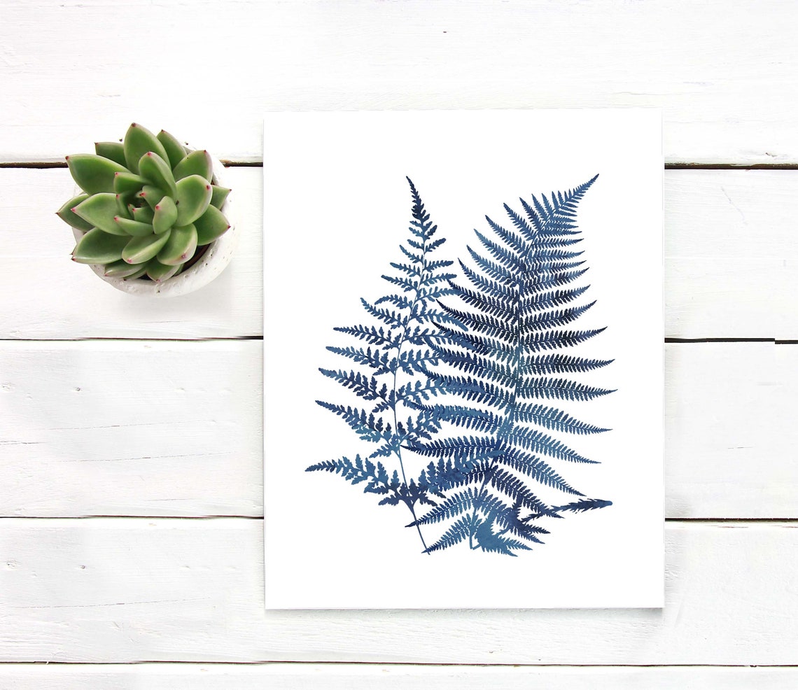 Indigo Blue Fern Fronds Pair Watercolor Botanical White Wall Print - Image 3