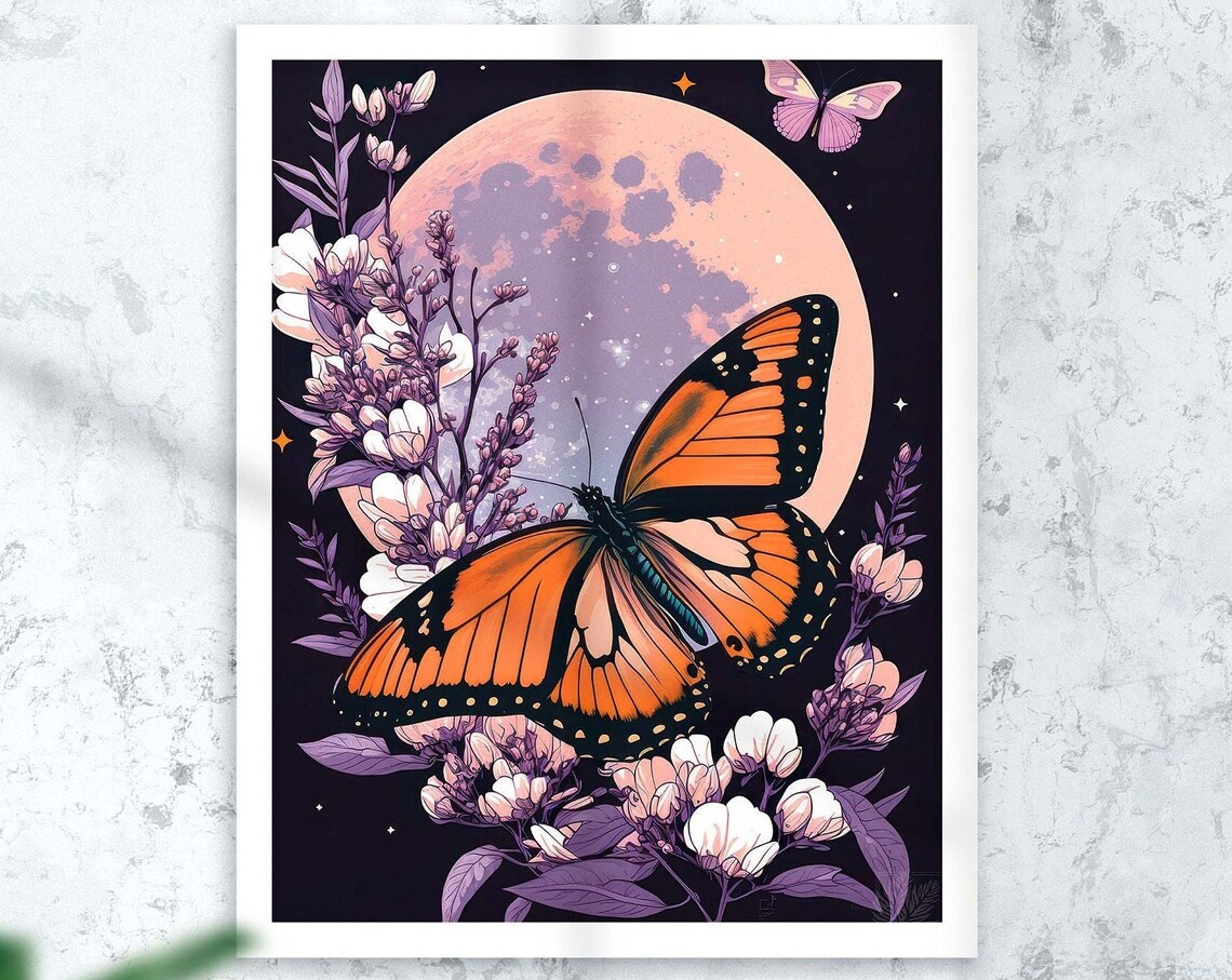 Monarch Butterfly Full Moon Poster Black Night Pink Floral Wall Decor - Image 2