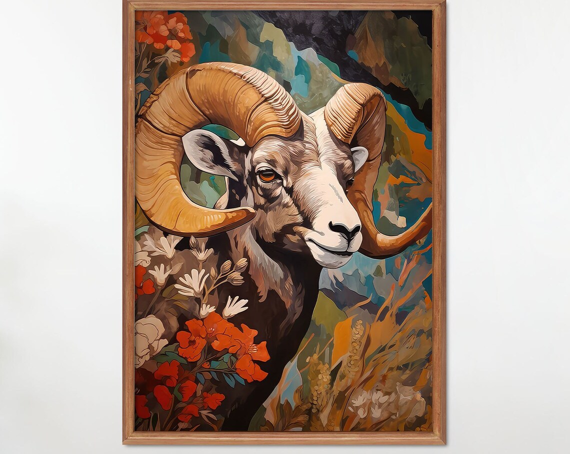 Bighorn Sheep Ram With Curled Horns Wildflower Mountain Poster