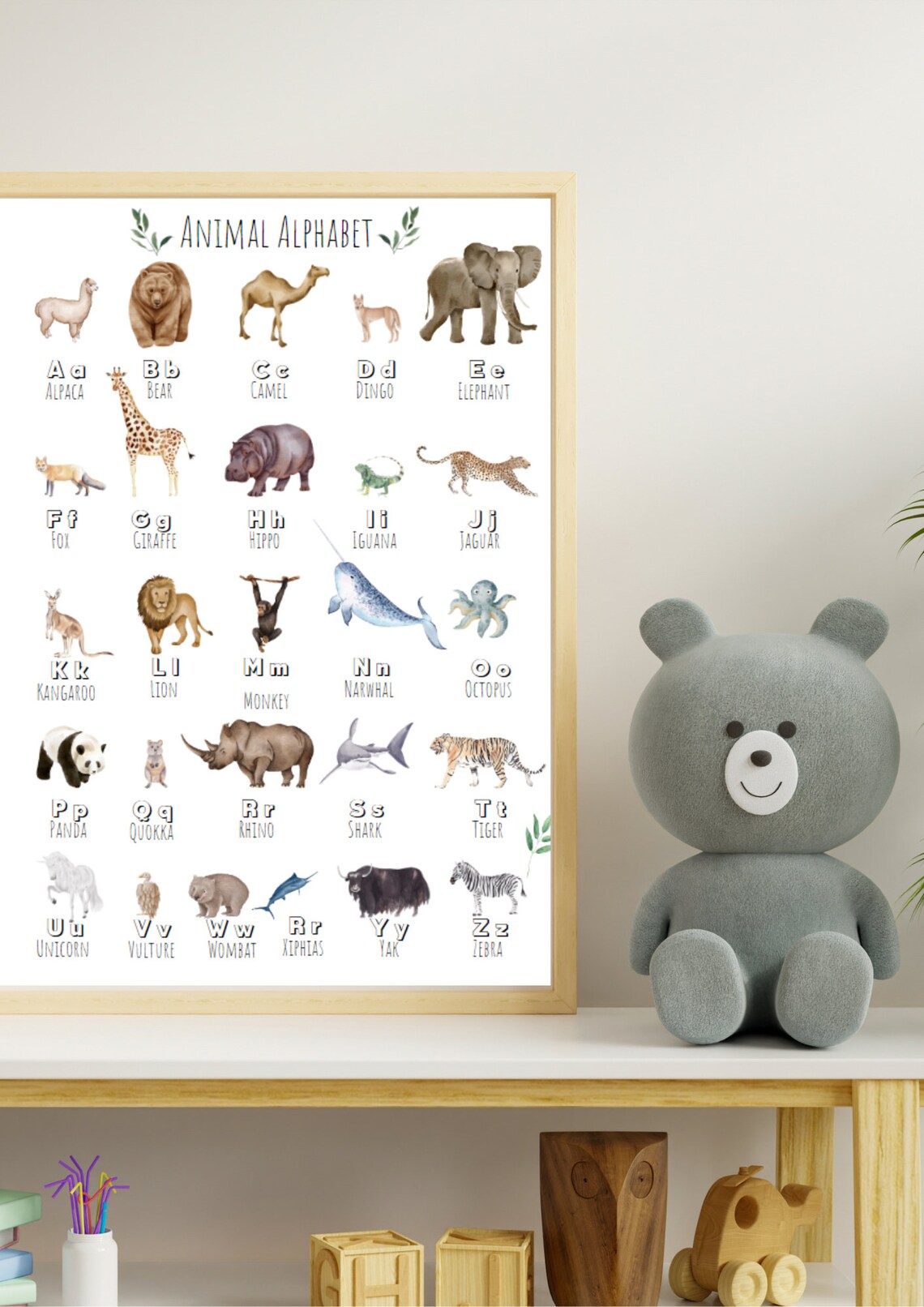 Watercolor Animal Alphabet A to O Kids Educational Nursery Art Poster - Image 6