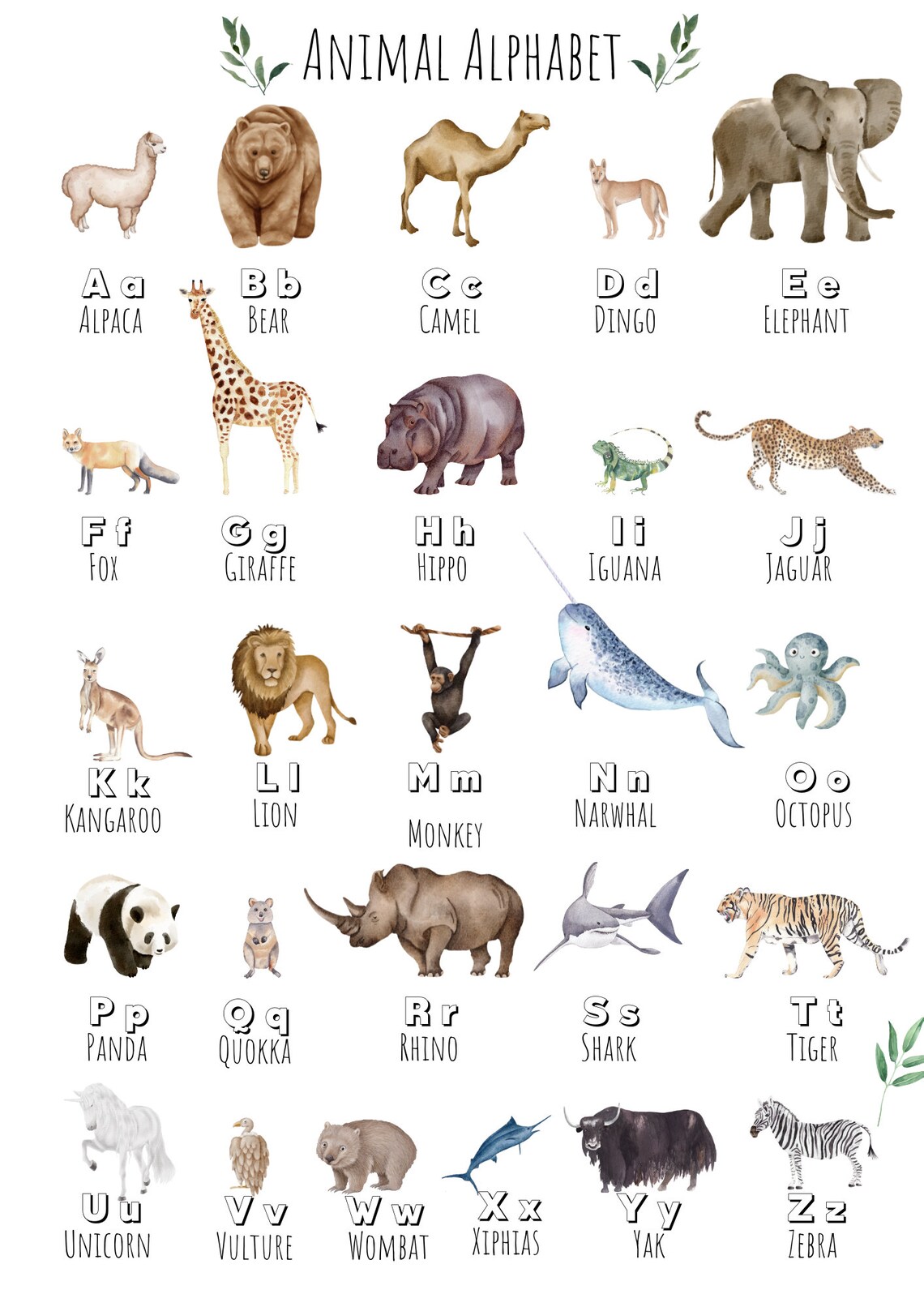 Watercolor Animal Alphabet A to O Kids Educational Nursery Art Poster - Image 5