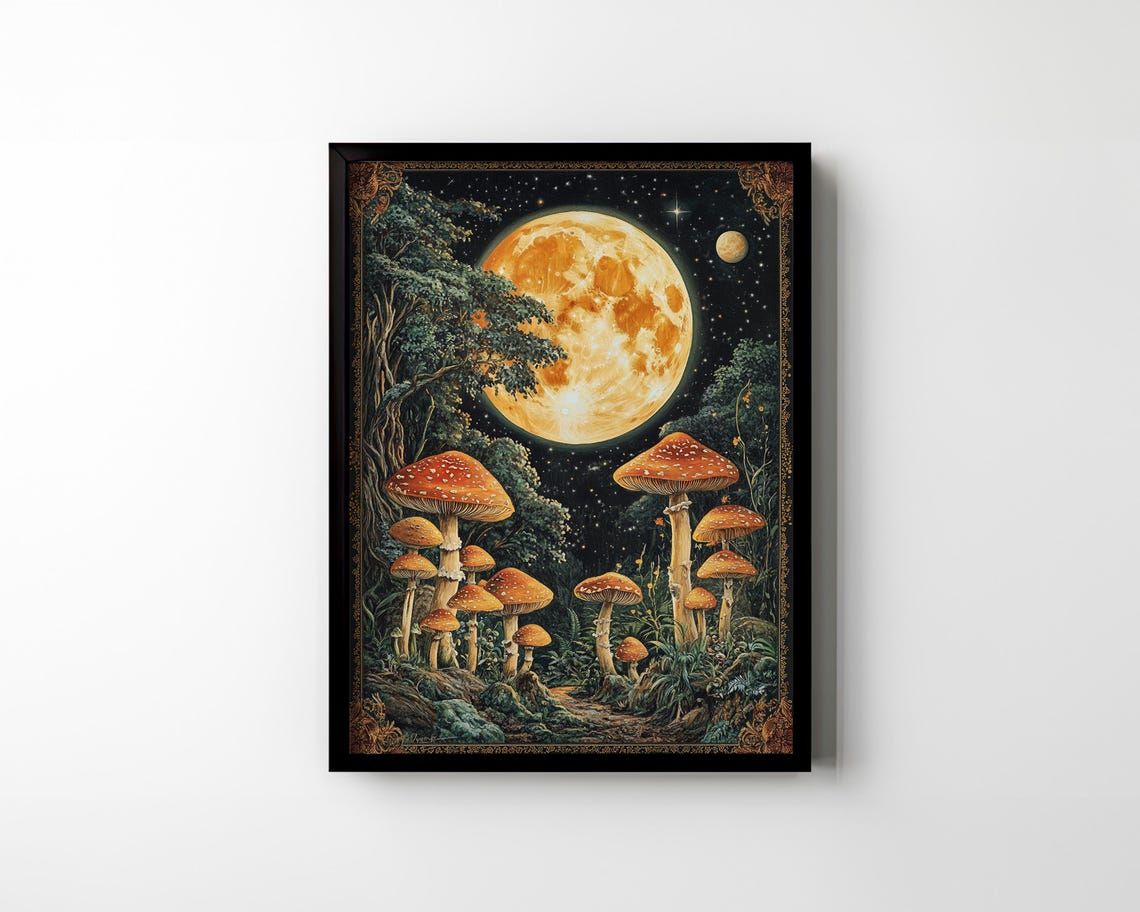 Fly Agaric Mushrooms Under Orange Full Moon Vintage Botanical Poster - Image 2