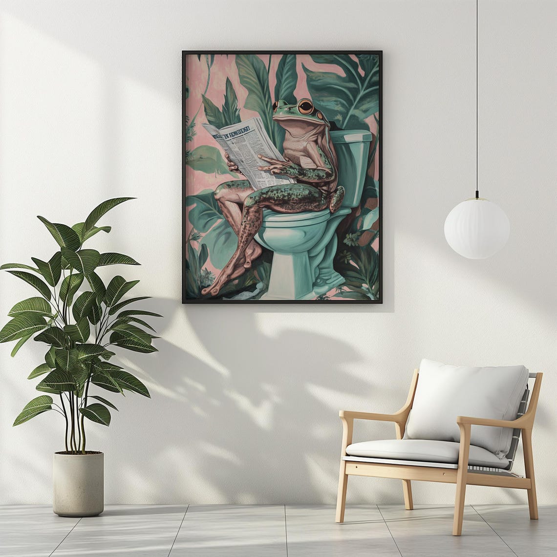 Whimsical Frog on Toilet With Newspaper Pastel Tropical Wall Poster - Image 2