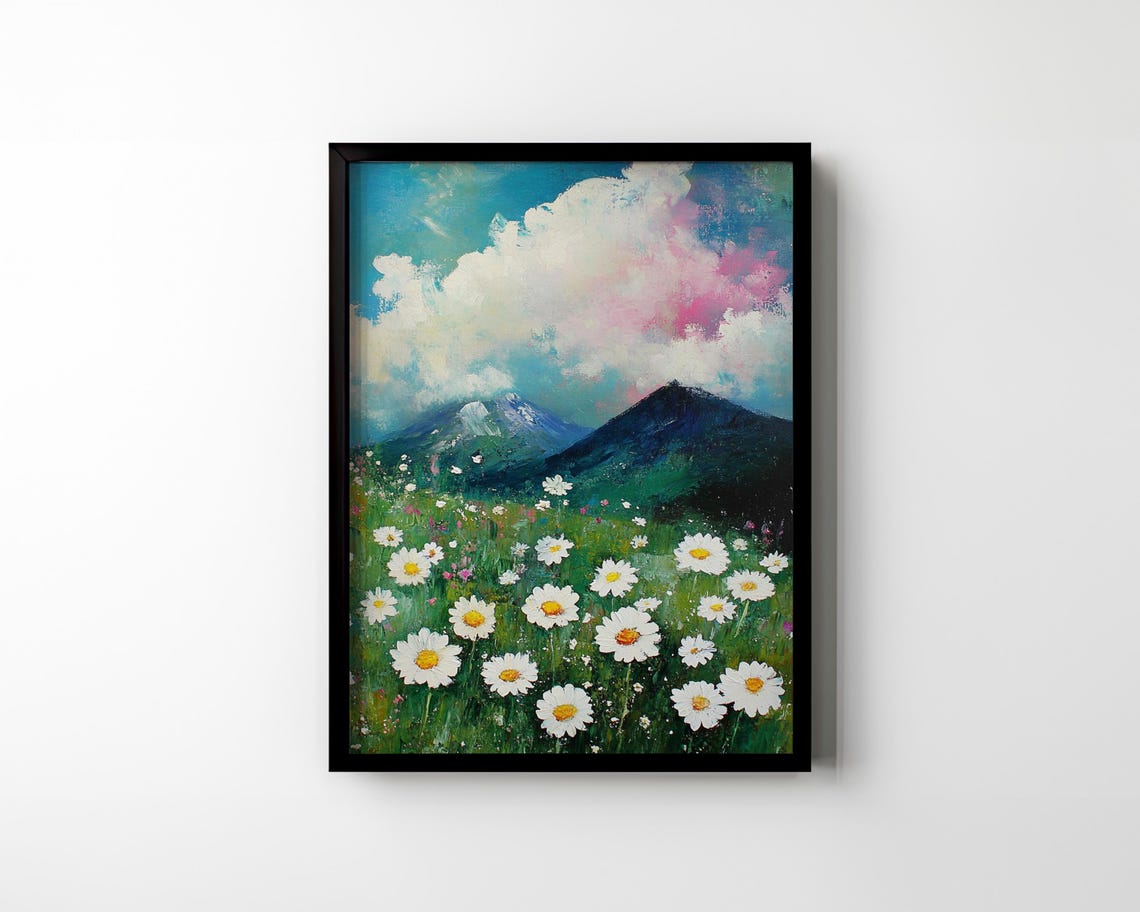 Daisy Field and Mountain Peaks Pastel Clouds Landscape Oil Poster - Image 2