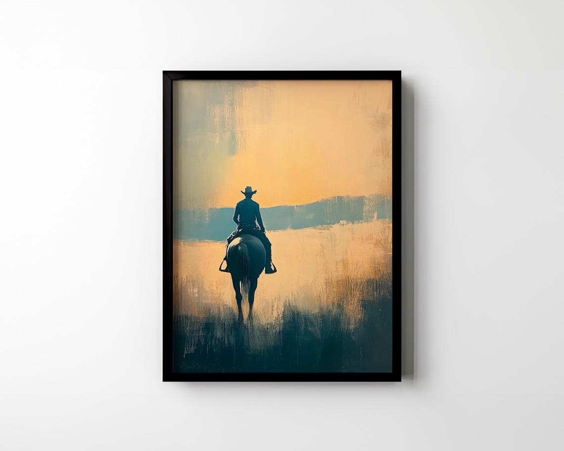 Lone Cowboy on Horseback Sunset Abstract Western Landscape Poster - Image 2