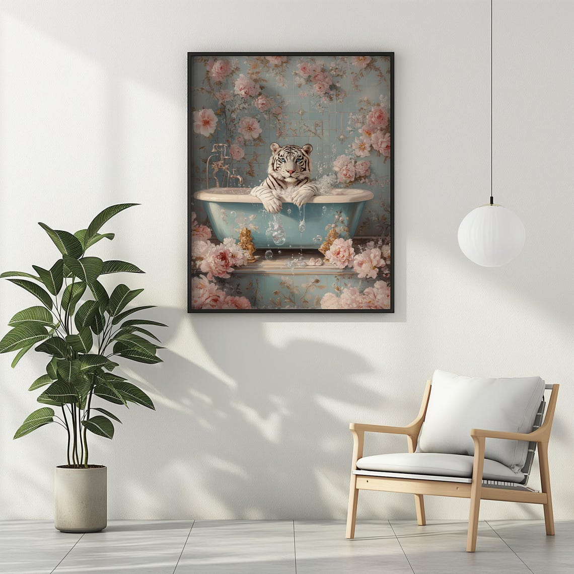 White Tiger in a Vintage Bathtub with Pink Roses Funny Poster - Image 2