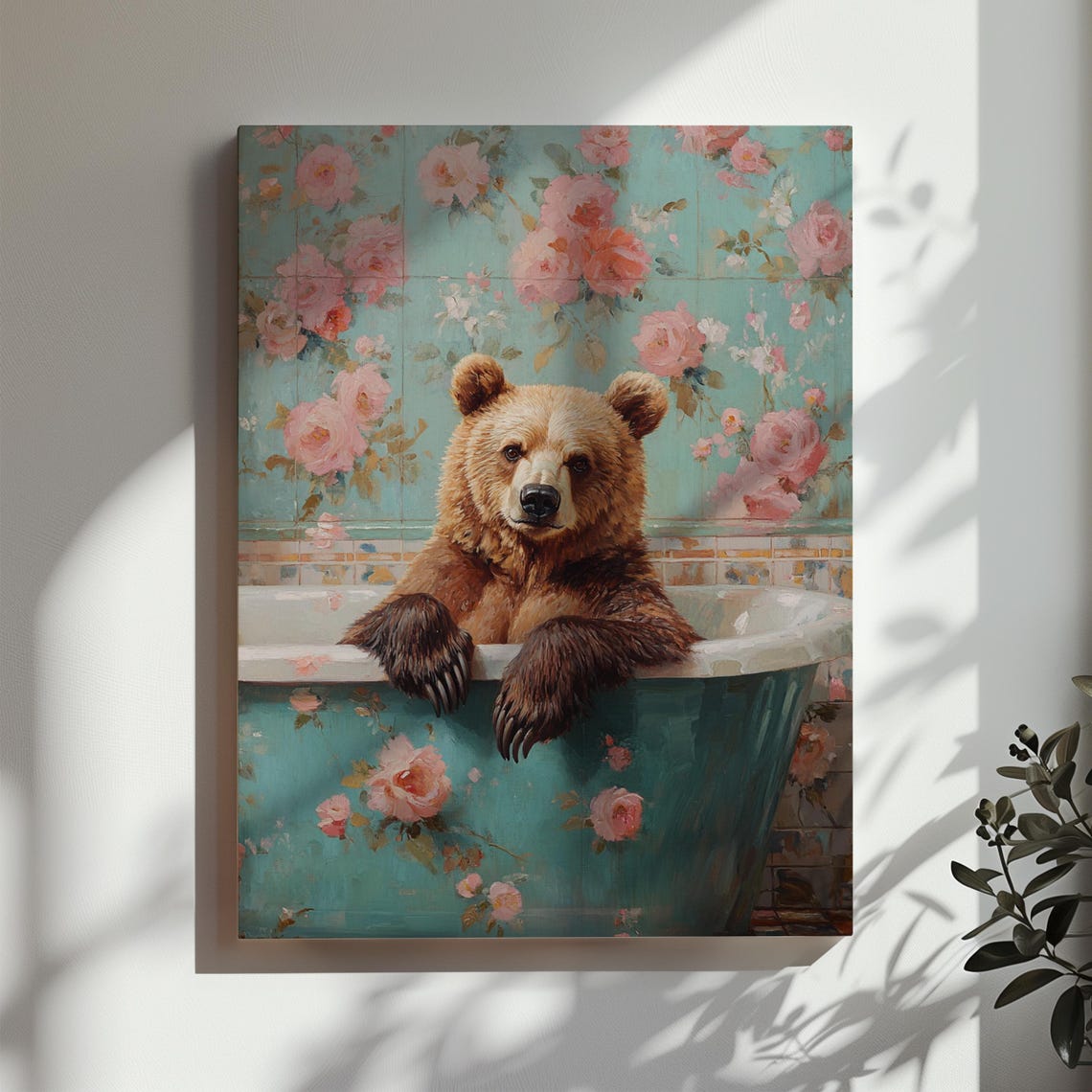 Brown Bear In Vintage Floral Bathtub Funny Romantic Bathroom Poster - Image 3