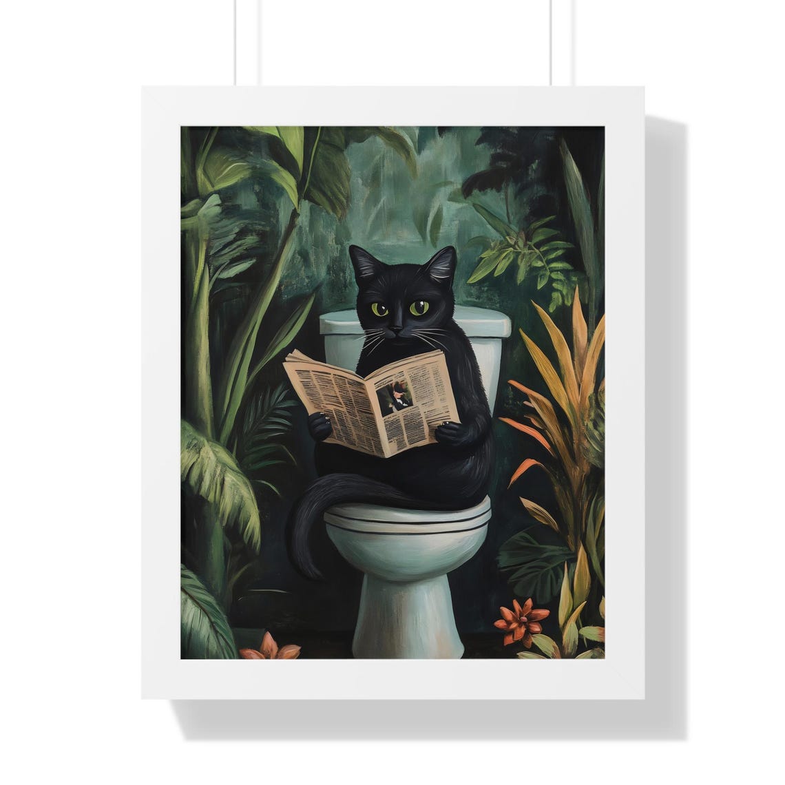 Black Cat on Toilet Reading Newspaper Moody Green Jungle Poster - Image 2