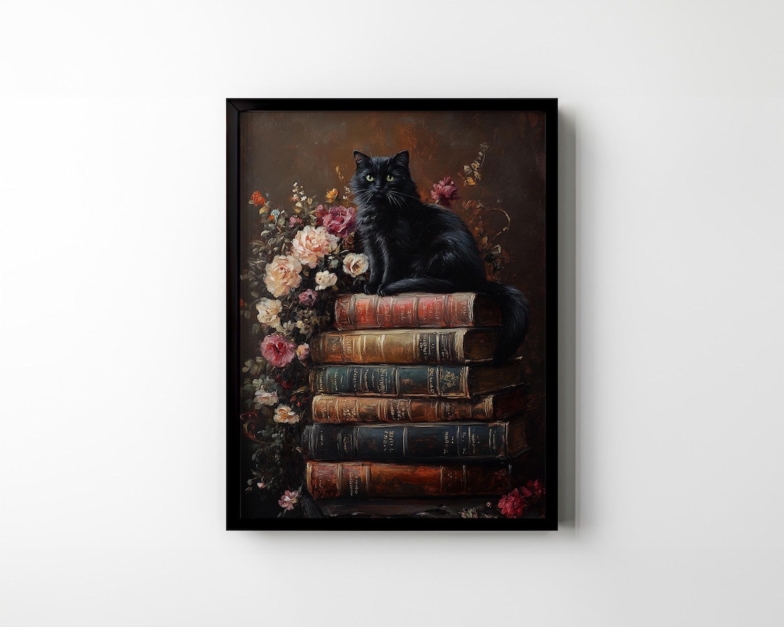 Black Cat Sitting on Antique Books with Roses Floral Art Poster - Image 2