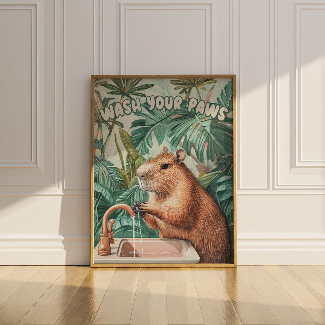 Capybara Wash Your Paws Under Faucet Funny Jungle Bathroom Poster - Image 2