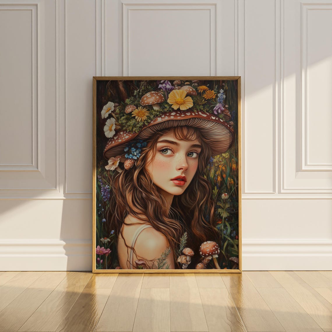 Girl in Mushroom Cap Floral Hat Enchanted Forest Whimsical Art Poster - Image 3