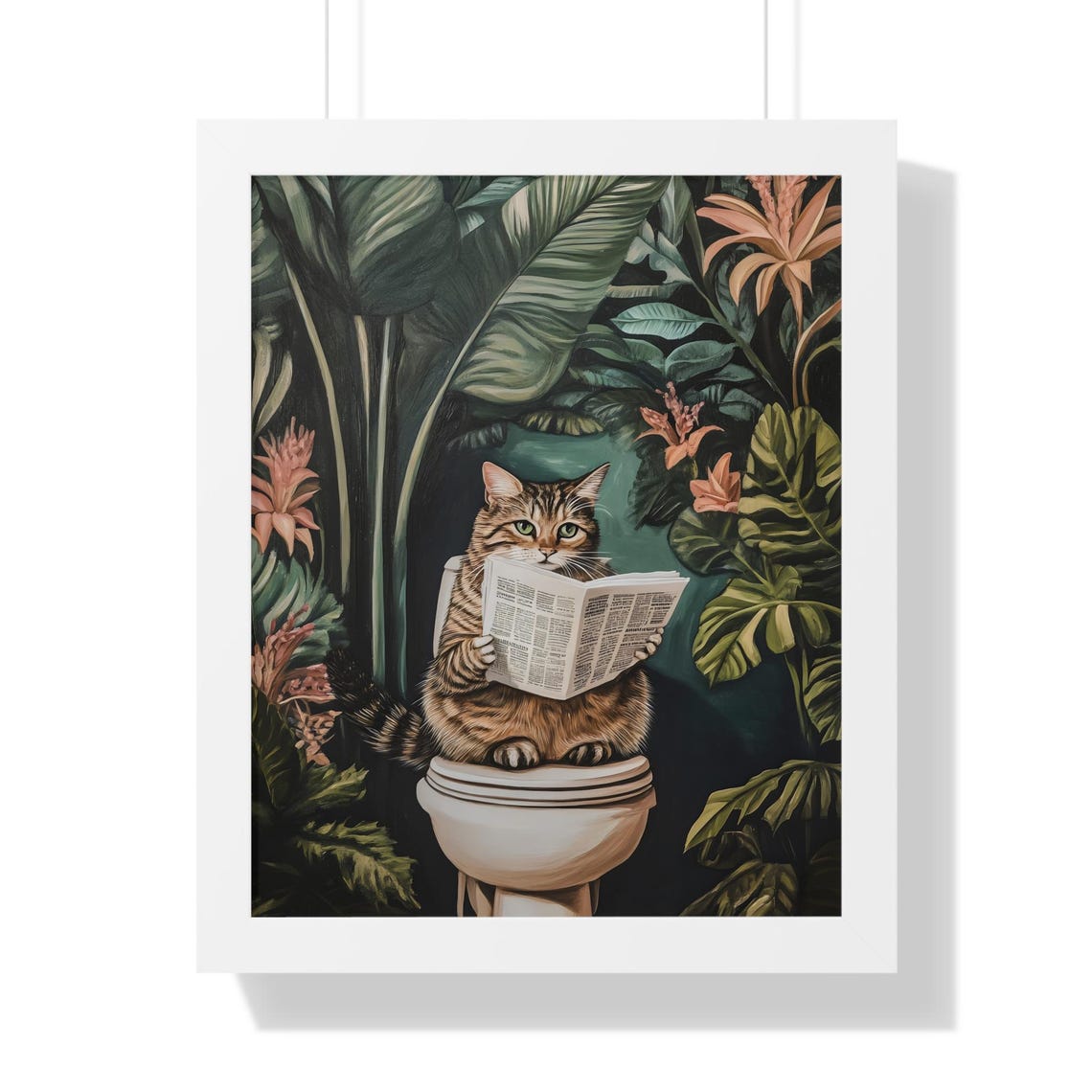Cat Toilet Poster Print Funny Cat Bathroom Wall Art Wooden Frame Green Tropical Plants Vintage Botanical Gift Idea Restroom Framed Poster - Image 2