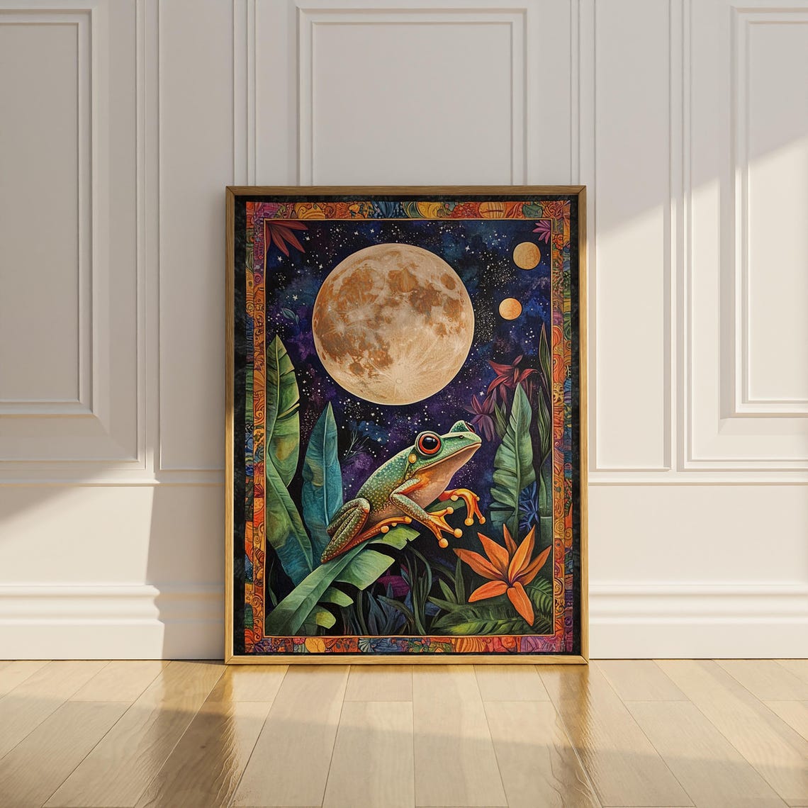 Tree Frog Under Full Moon Tropical Jungle Celestial Nature Art Poster - Image 3