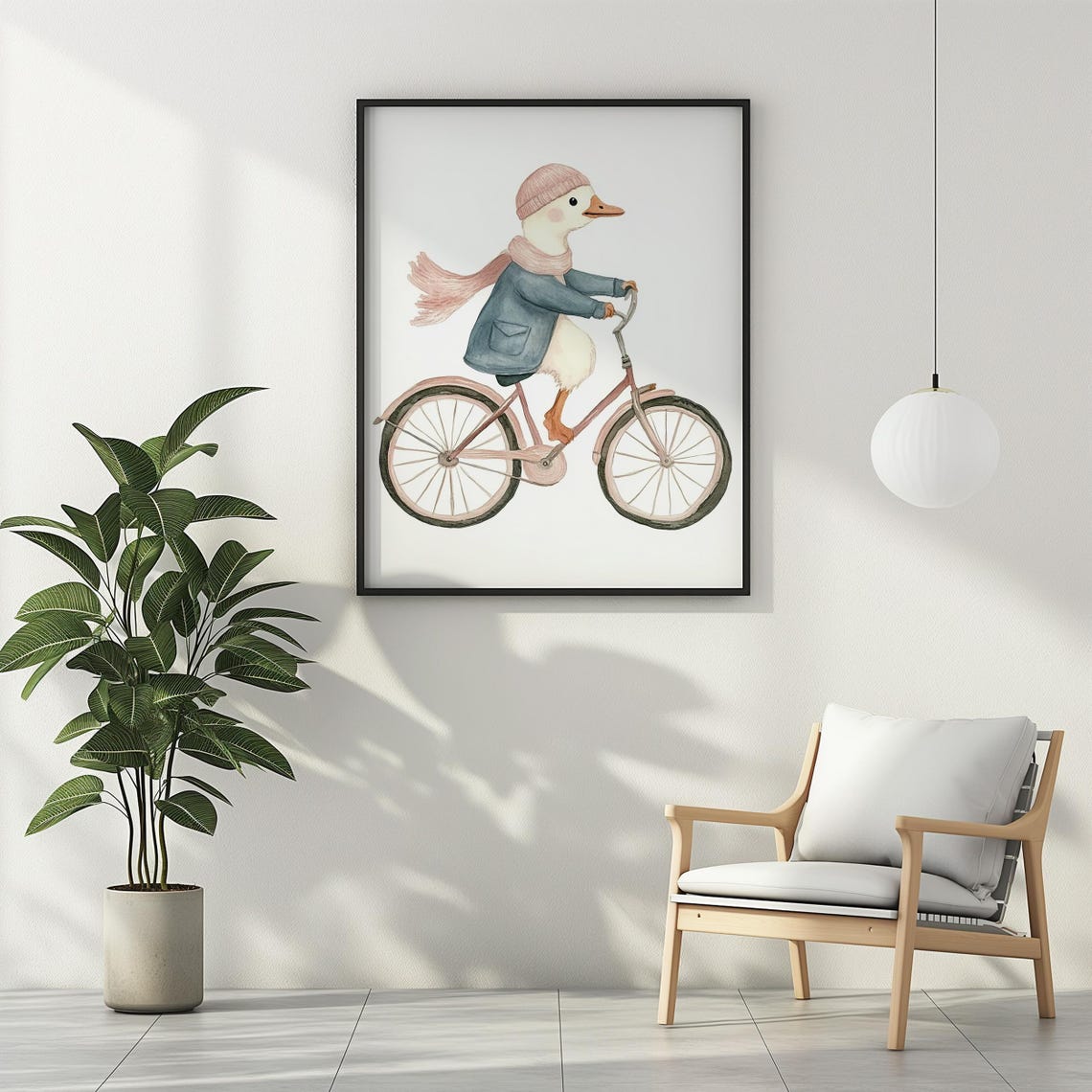 Duckling With Beanie Riding Pink Bicycle Watercolor Nursery Art Poster - Image 2