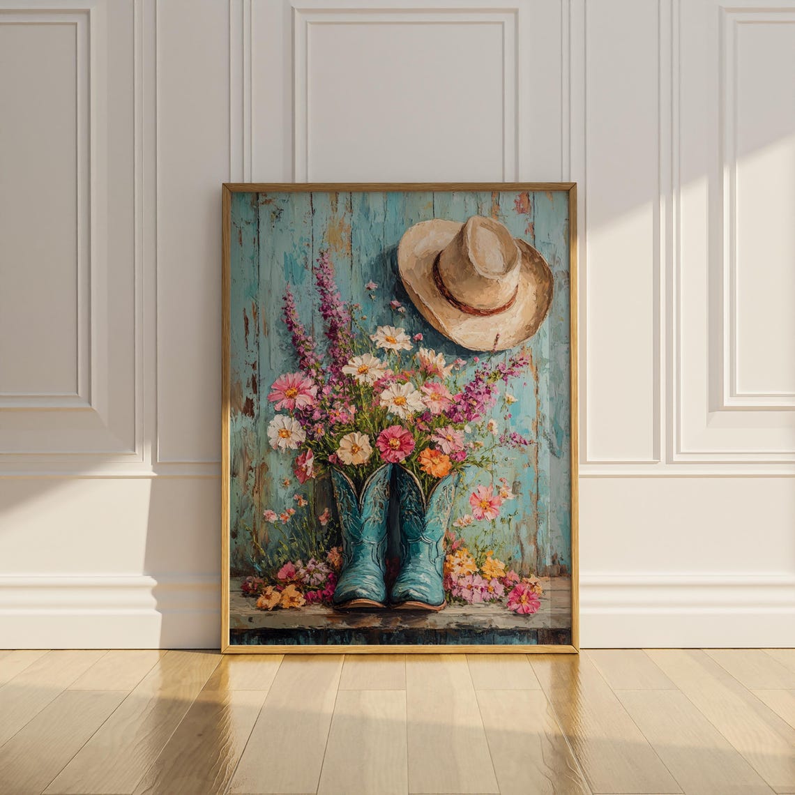 Teal Cowboy Boots With Wildflowers And Cowboy Hat Western Poster - Image 2