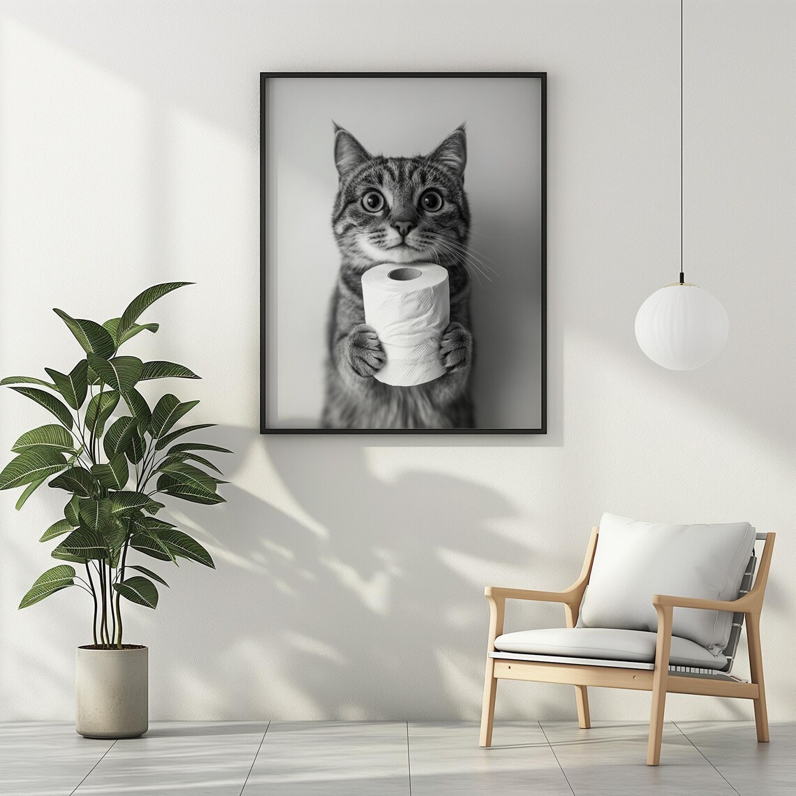 Tabby Cat Holding Toilet Paper Funny Black And White Bathroom Cat Poster - Image 4