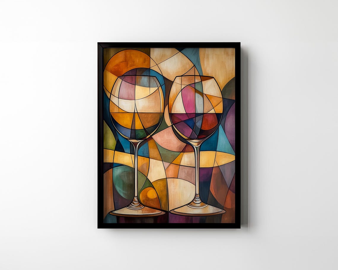 Rounded Mosaic Wine Glasses in Jewel Tone Cubist Style Poster - Image 2