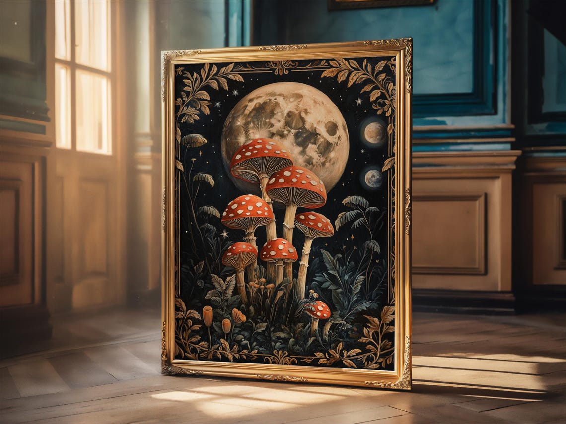 Celestial Mushrooms Full Moon Dark Academia Cottagecore Vintage Print - Image 4