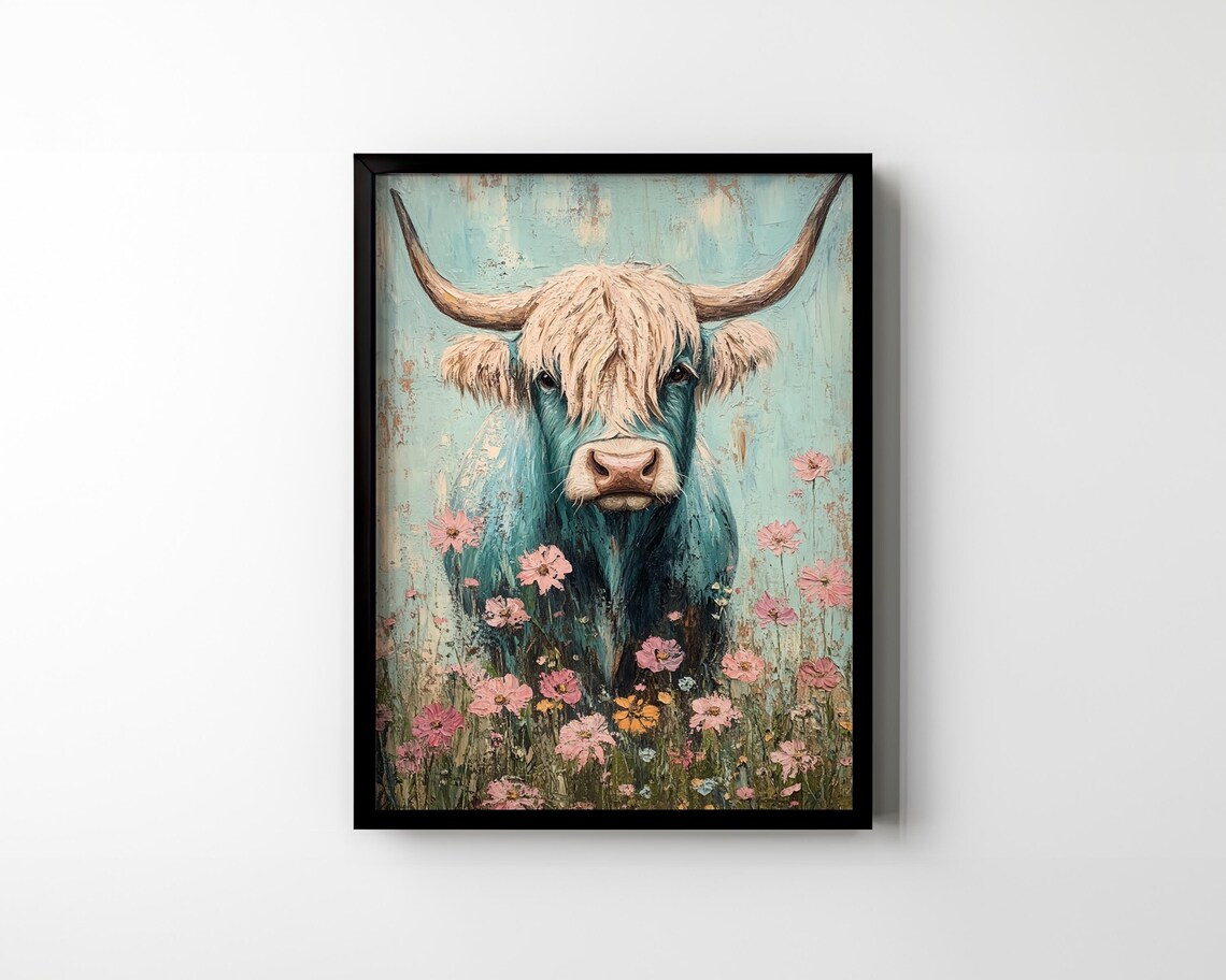 Highland Cow Wildflowers Boho Vintage Art Print - Image 2