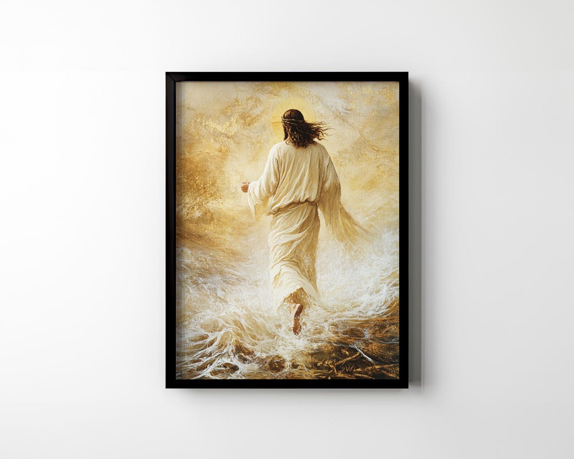 Jesus Christ Walking on Water Golden Waves Miracle Faith Scene Poster - Image 2
