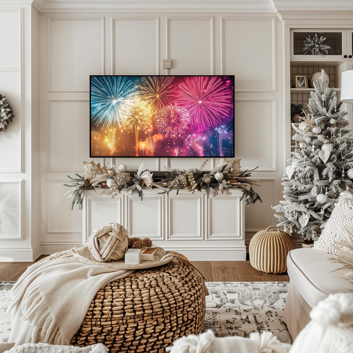 Colorful Fireworks Over City Skyline Night Celebration Display Poster - Image 3