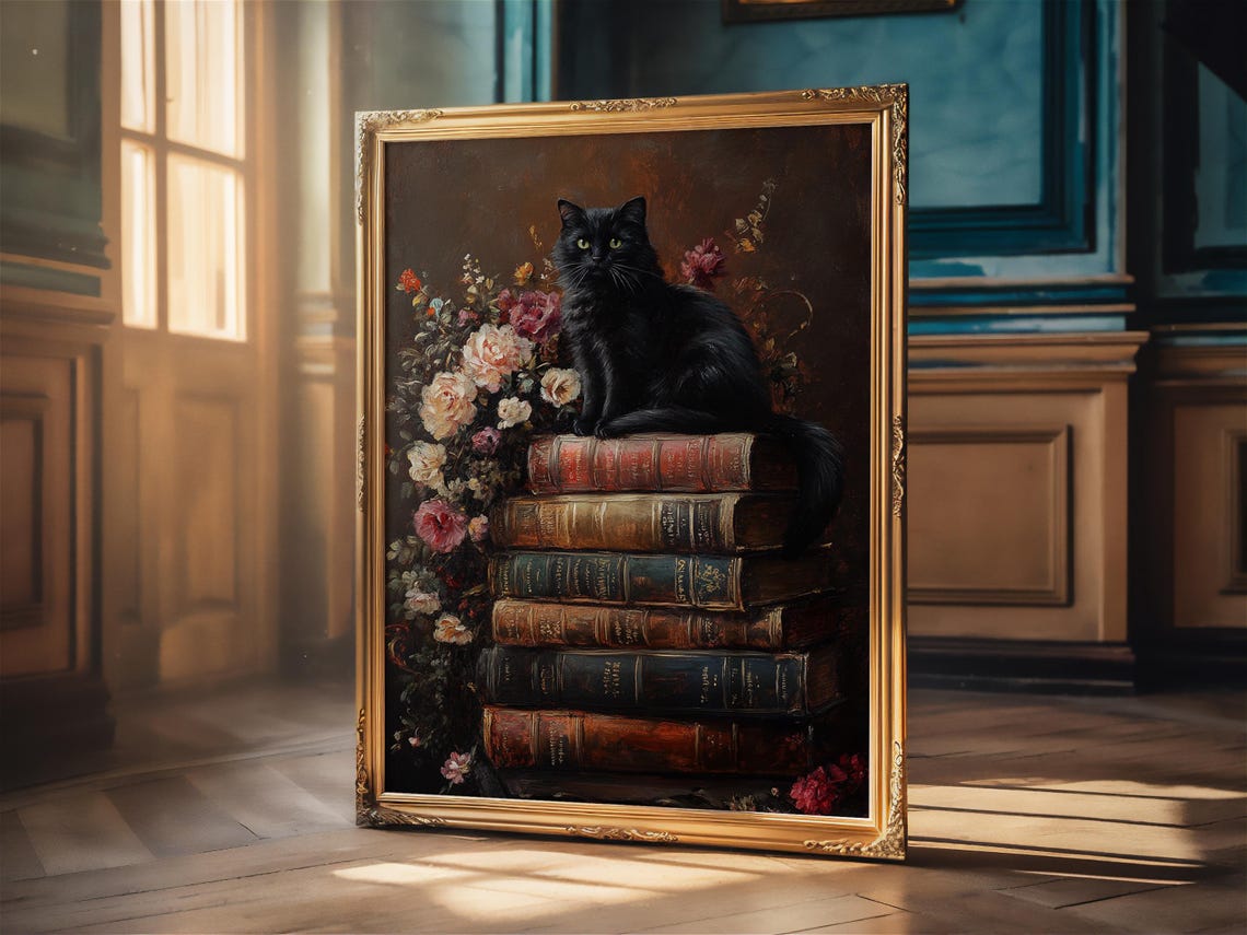Black Cat Sitting atop a Stack of Old Books with Roses Poster - Image 2