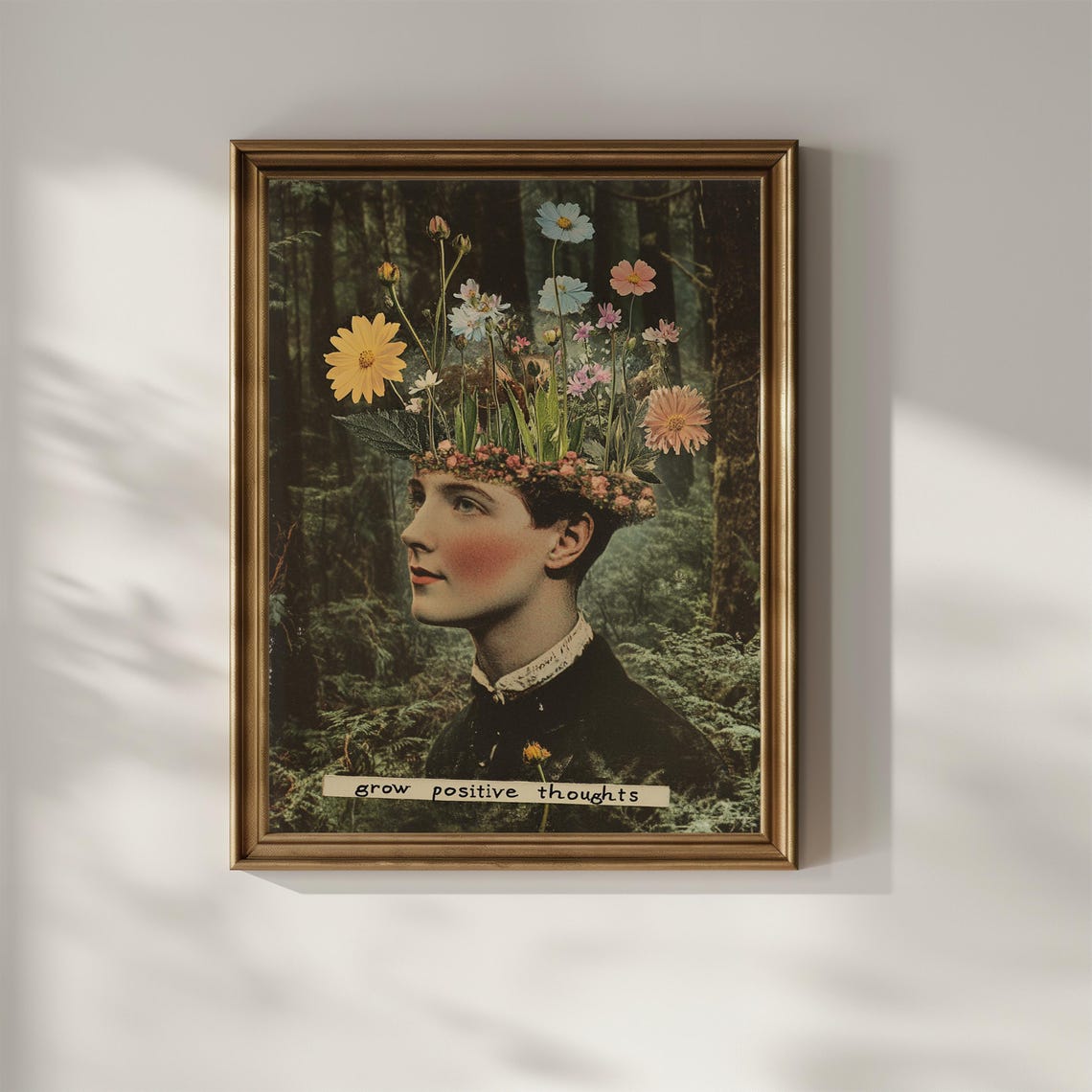 Grow Positive Thoughts Vintage Woman Floral Mind Collage Poster - Image 3