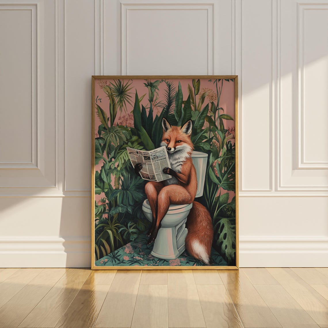Red Fox Reading Newspaper on Toilet Blush Pink Botanical Poster - Image 2