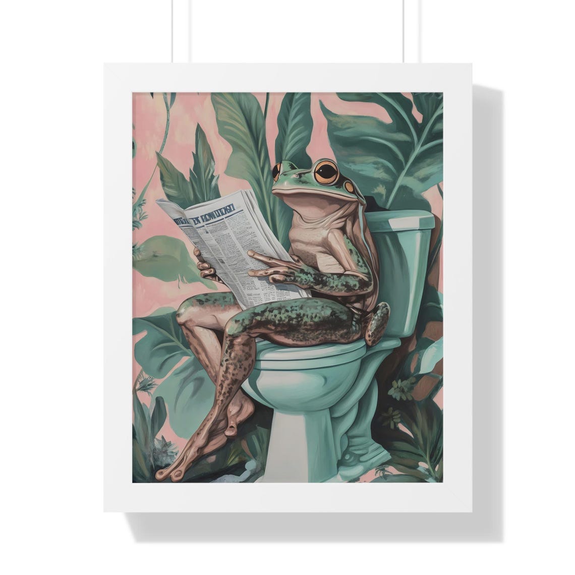 Playful Frog on Turquoise Toilet Newspaper Blush Pink Bathroom Poster - Image 2