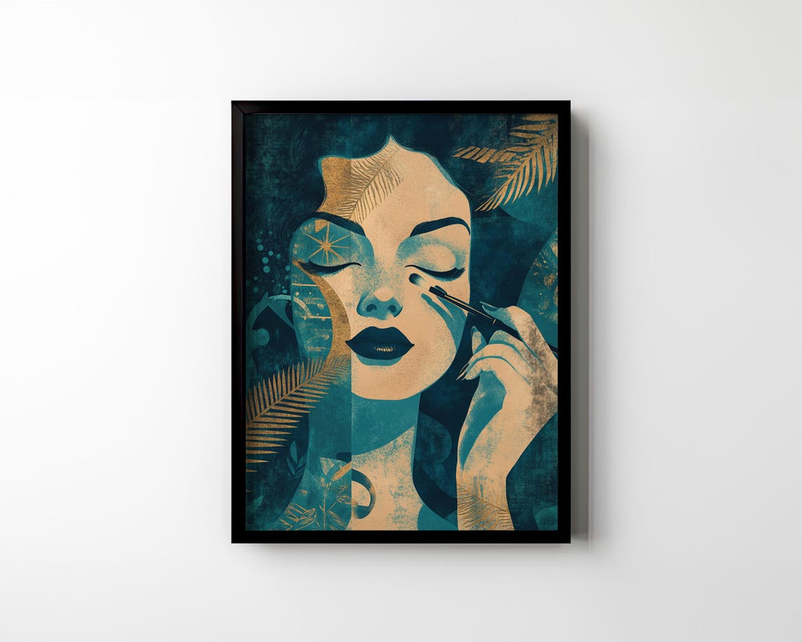 Teal and Gold Art Deco Woman With Makeup Brush Elegant Poster - Image 2