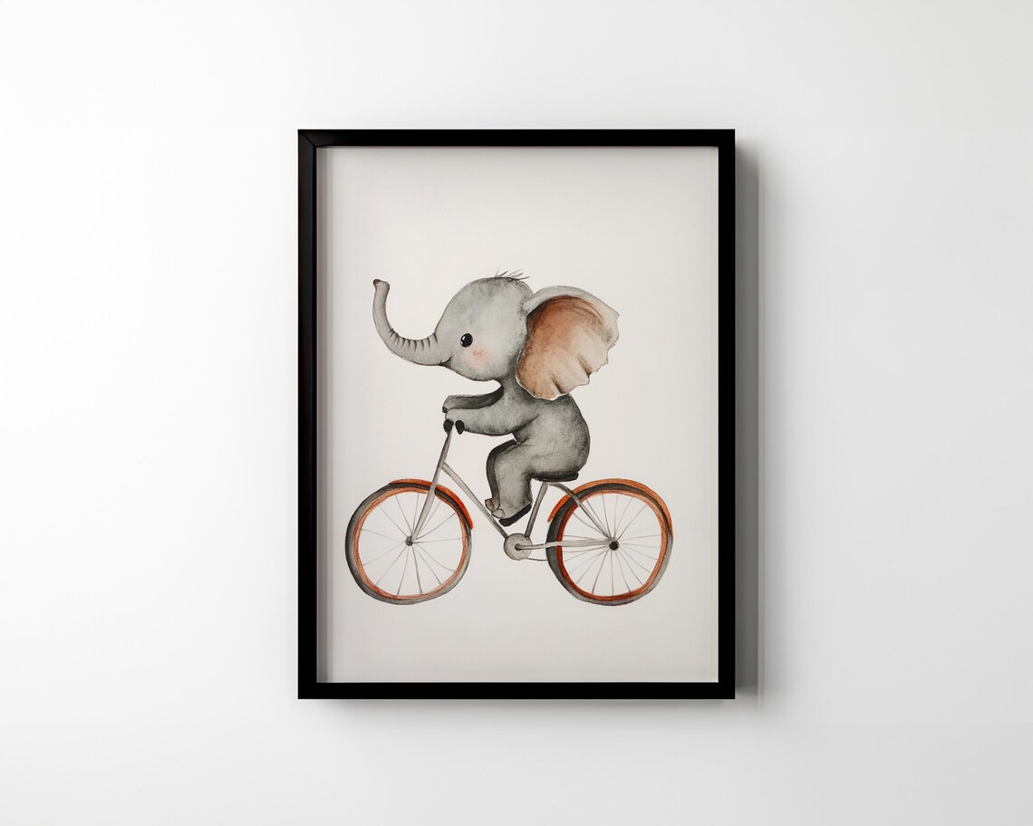 Baby Elephant Riding Bicycle Watercolor Cute Nursery Kids Room Decor Poster - Image 3