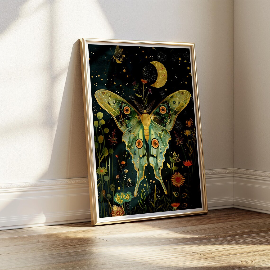 Luna Moth And Crescent Moon Witchy Celestial Dark Floral Botanical Poster - Image 3