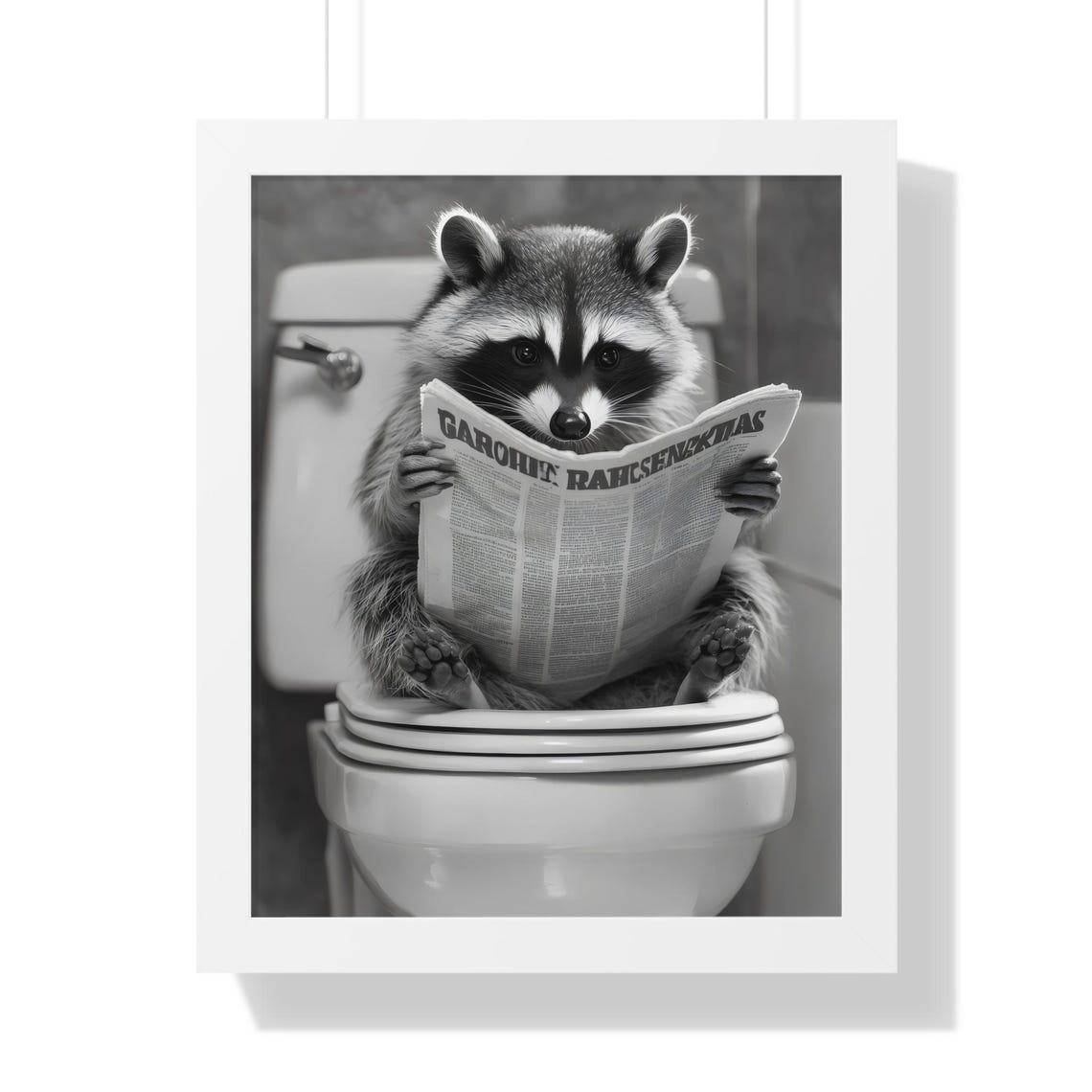 Black and White Funny Raccoon Reading Newspaper on Toilet Poster - Image 2