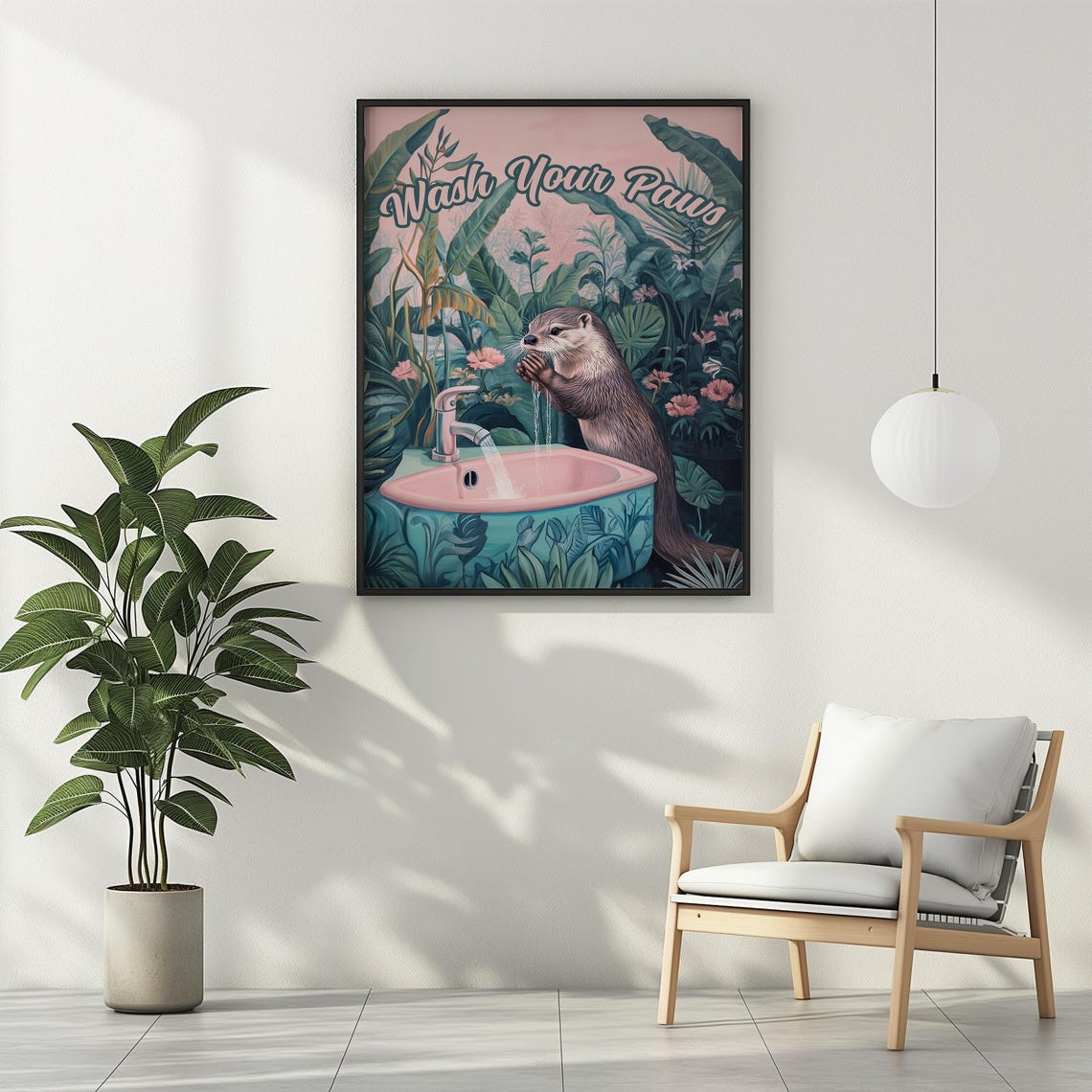 Cute Otter Wash Your Paws Pink Sink Funny Tropical Bathroom Poster - Image 3