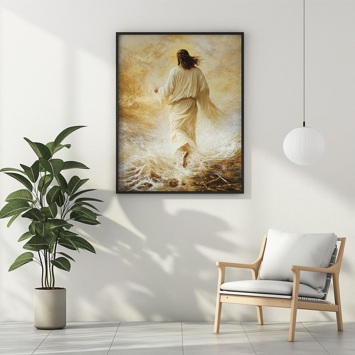 Jesus Striding through Golden Ocean Waves with Glowing Halo Art Poster - Image 2