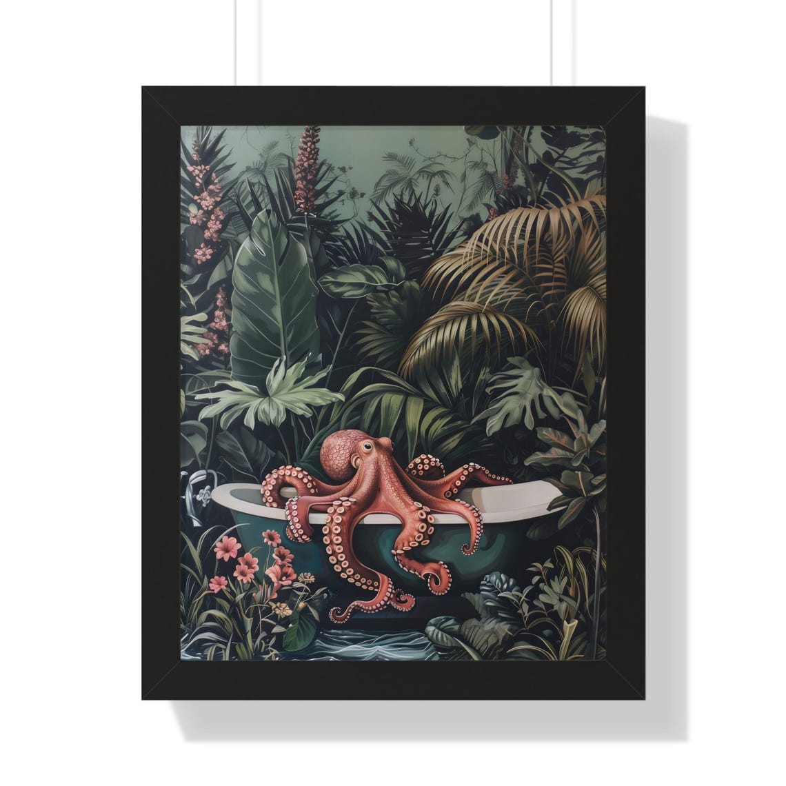 Octopus Relaxing in Bathtub Tropical Jungle Leaves Whimsical Poster - Image 2