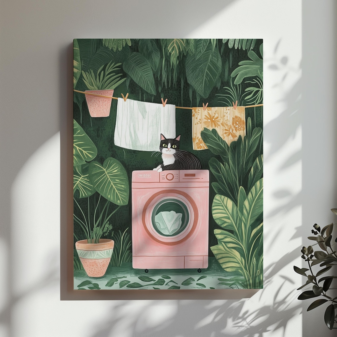Funny Black Cat Laundry Room Art Print, Botanical