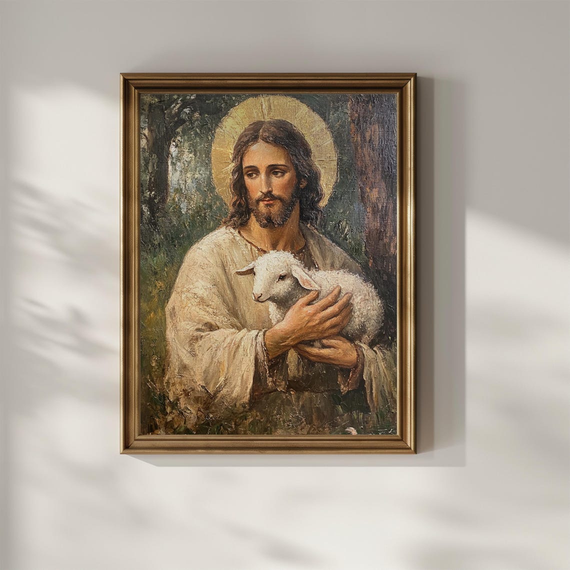 Jesus Christ Holding Lamb Golden Halo Traditional Christian Oil Poster - Image 3