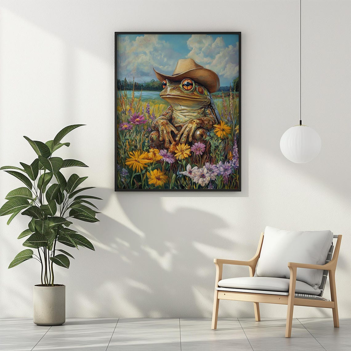 Toad Wearing Cowboy Hat in Wildflower Meadow by Lake Art Poster - Image 2