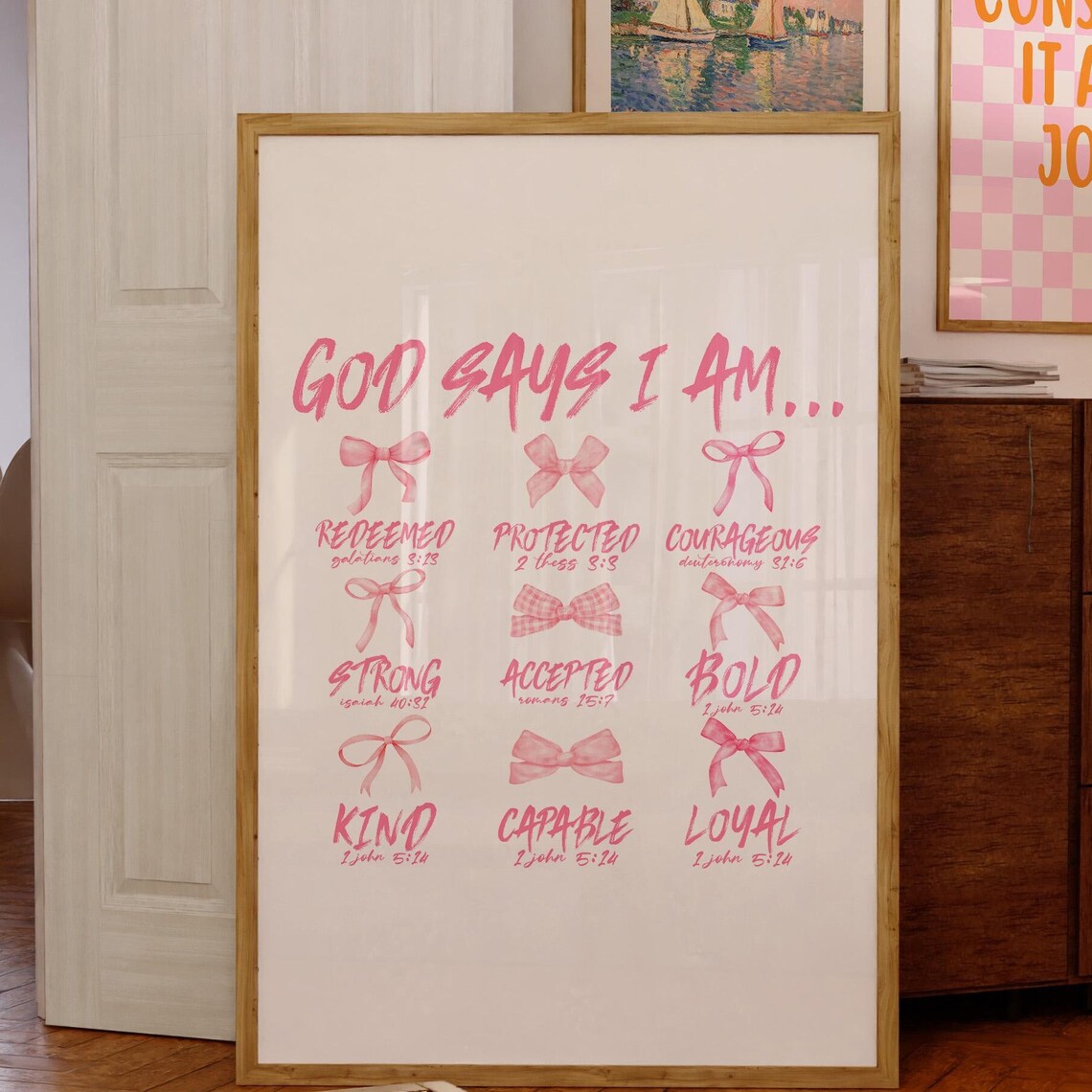 God Says I Am Pink Bow Affirmation List Christian Quote Poster - Image 4